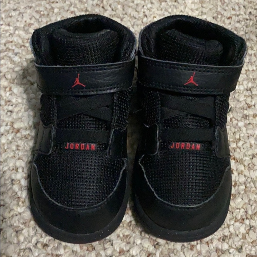 Jordan’s. Velcro. Black and red.